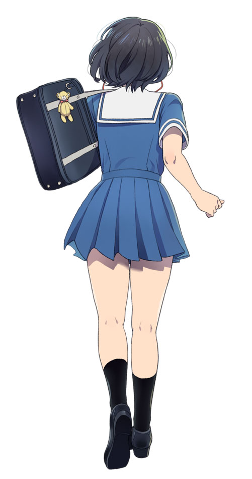 1girl bag bag_charm black_hair black_legwear charm_(object) earphones facing_away kneehighs loafers mattaku_mousuke original running school_bag school_uniform serafuku shoes short_hair solo white_background