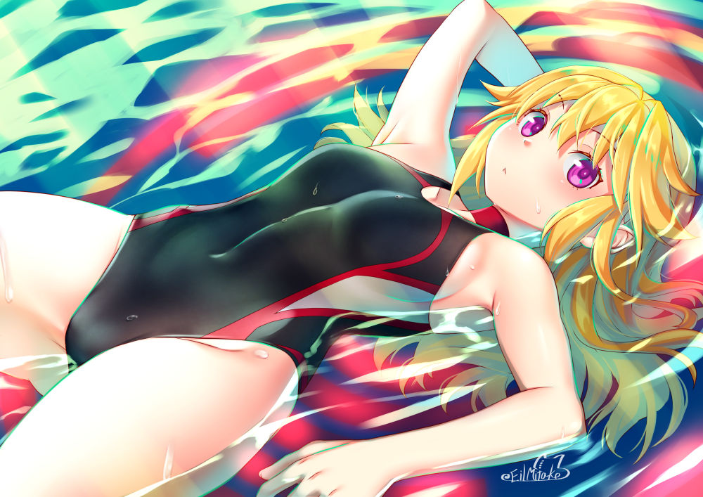 1girl black_swimsuit blonde_hair competition_swimsuit covered_navel cowboy_shot highleg highleg_swimsuit long_hair looking_at_viewer mitake_eiru one-piece_swimsuit original partially_submerged solo swimsuit twitter_username violet_eyes water