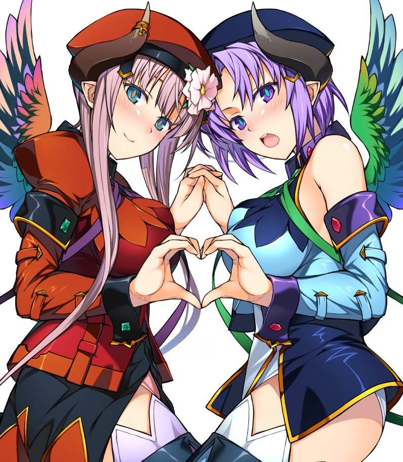 2girls aa-rance blush breasts detached_sleeves flower hair_ornament hand_holding hat heart heart_hands heart_hands_duo horns interlocked_fingers la_hawzel la_seizel long_hair long_sleeves looking_at_viewer medium_breasts multiple_girls open_mouth pink_hair pointy_ears purple_hair rance_(series) short_hair siblings simple_background sisters smile thigh-highs white_background wings