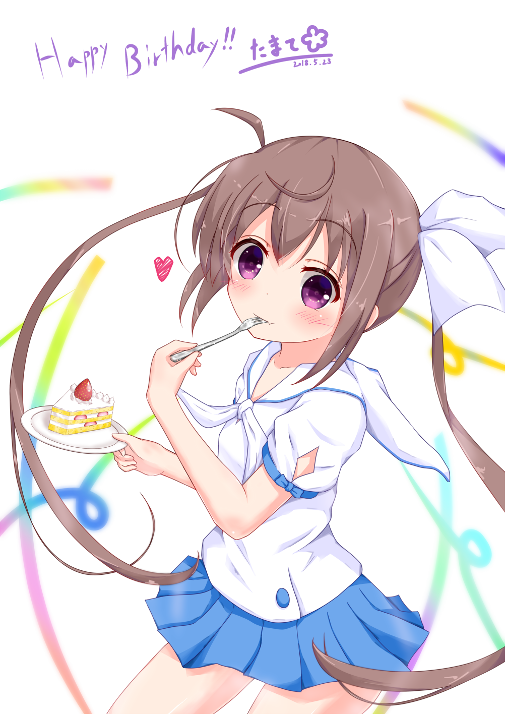 1girl bangs blue_bow blue_skirt blush bow brown_hair closed_mouth collarbone commentary_request dated eyebrows_visible_through_hair fang fang_out fork fork_in_mouth hair_between_eyes hair_bow happy_birthday head_tilt heart highres holding holding_fork holding_plate long_hair looking_at_viewer mafu_makura momochi_tamate plate pleated_skirt puffy_short_sleeves puffy_sleeves sailor_collar school_uniform serafuku shirt short_sleeves sidelocks skirt slow_start smile solo twintails very_long_hair violet_eyes white_background white_bow white_sailor_collar white_shirt