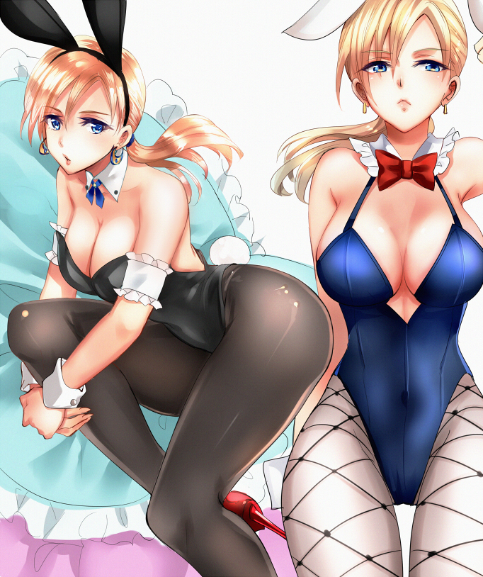 2girls animal_ears armband black_legwear blonde_hair blue_eyes bow bowtie breasts bunny_girl bunny_tail bunnysuit character_request cleavage commentary_request covered_navel detached_collar earrings fake_animal_ears fishnet_pantyhose fishnets high_heels jewelry jill_valentine large_breasts leotard long_hair low_ponytail multiple_girls nagare pantyhose pillow rabbit_ears red_footwear resident_evil resident_evil_5 sheer_legwear strapless strapless_leotard tail