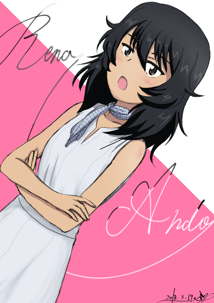 1girl andou_(girls_und_panzer) artist_name ascot bangs black_hair blue_neckwear blush brown_eyes bukkuri casual character_name commentary crossed_arms cursive dark_skin dated dress dutch_angle girls_und_panzer grey_dress looking_at_viewer medium_dress medium_hair messy_hair open_mouth pink_background signature simple_background sleeveless sleeveless_dress solo standing two-tone_background upper_body white_background