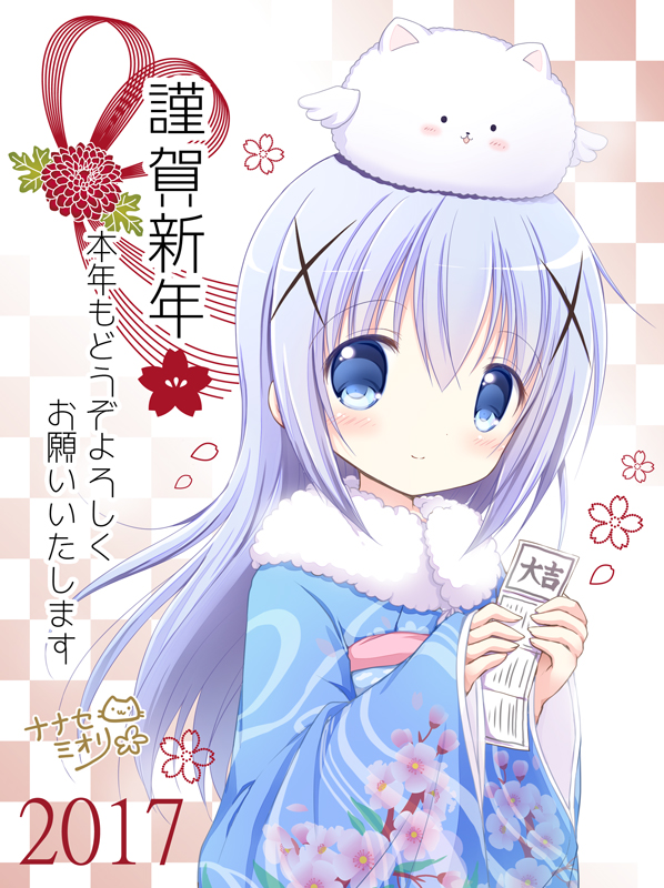 1girl 2017 :3 angora_rabbit animal animal_on_head blue_eyes blue_hair checkered checkered_background dated flower fur_trim gochuumon_wa_usagi_desu_ka? hair_ornament holding holding_paper japanese_clothes kafuu_chino kimono light_blue_hair light_smile long_hair long_sleeves looking_at_viewer nanase_miori on_head paper petals rabbit sleeves_past_wrists smile tippy_(gochiusa) wings x_hair_ornament