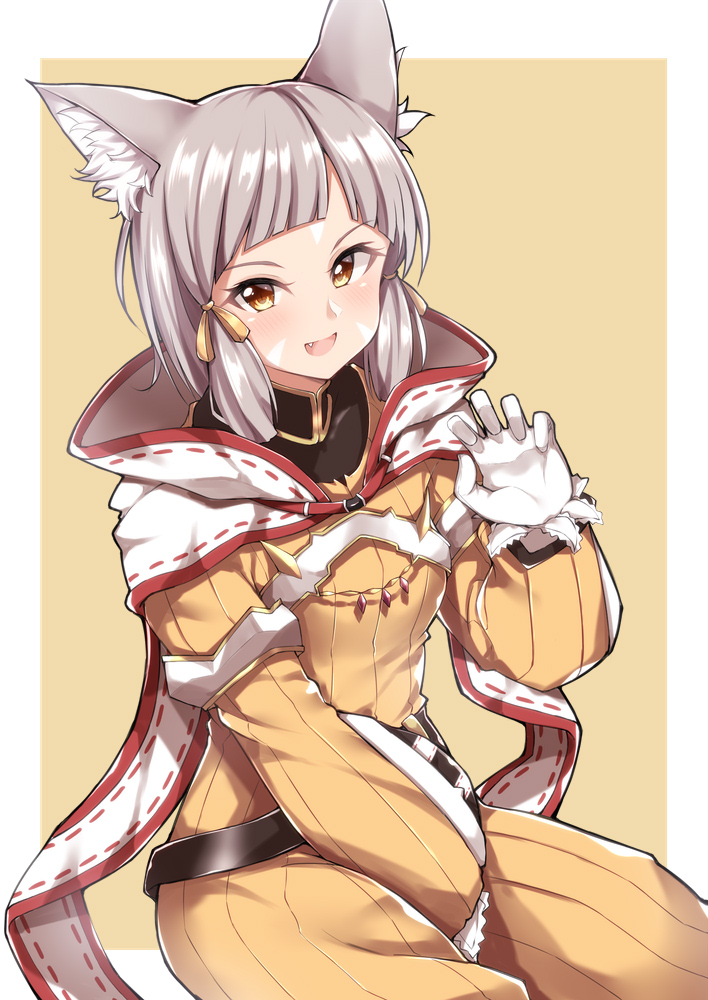 1girl animal_ears belt bodysuit cat_ears facial_mark fang gloves hair_ribbon jiino long_sleeves niyah open_mouth ribbed_bodysuit ribbon short_hair silver_hair simple_background sitting solo white_gloves xenoblade_(series) xenoblade_2 yellow_background yellow_bodysuit yellow_eyes yellow_ribbon