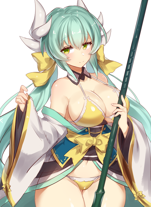 1girl adapted_costume aqua_hair bare_shoulders bikini blush braid breasts collarbone fate/grand_order fate_(series) green_eyes hair_between_eyes hair_ornament halterneck japanese_clothes jitome kimono kiyohime_(fate/grand_order) large_breasts light_smile long_hair looking_at_viewer parted_lips shiny shiny_skin sideboob silver_hair swimsuit thigh-highs thighs twintails very_long_hair white_legwear wide_sleeves yamaarashi yellow_bikini