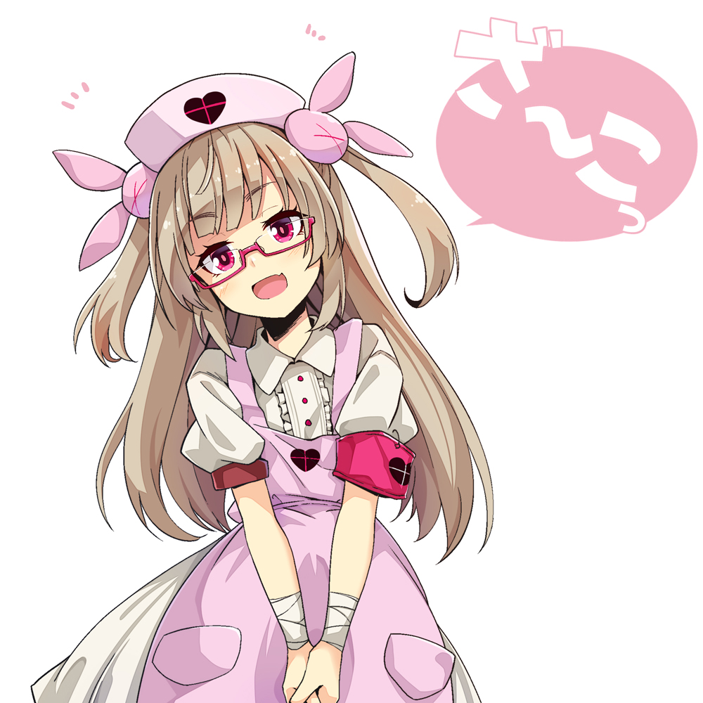 1girl apron bespectacled collared_shirt commentary_request glasses hair_ornament hat heart light_brown_hair long_hair looking_at_viewer natori_sana notice_lines nurse_cap ogami_kazuki pink_apron pink_eyes pink_hat puffy_short_sleeves puffy_sleeves red-framed_eyewear sana_channel shirt short_sleeves simple_background solo two_side_up v_arms virtual_youtuber white_background