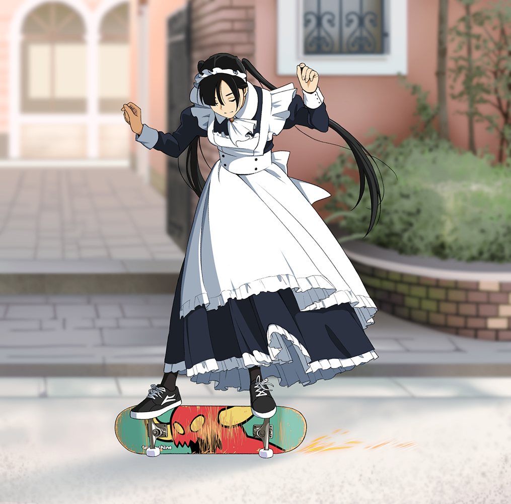 1girl apron black_hair blurry blurry_background long_hair maid maid_apron maid_headdress original outdoors shoes skateboard skateboarding sneakers solo suzushiro_(suzushiro333) twintails