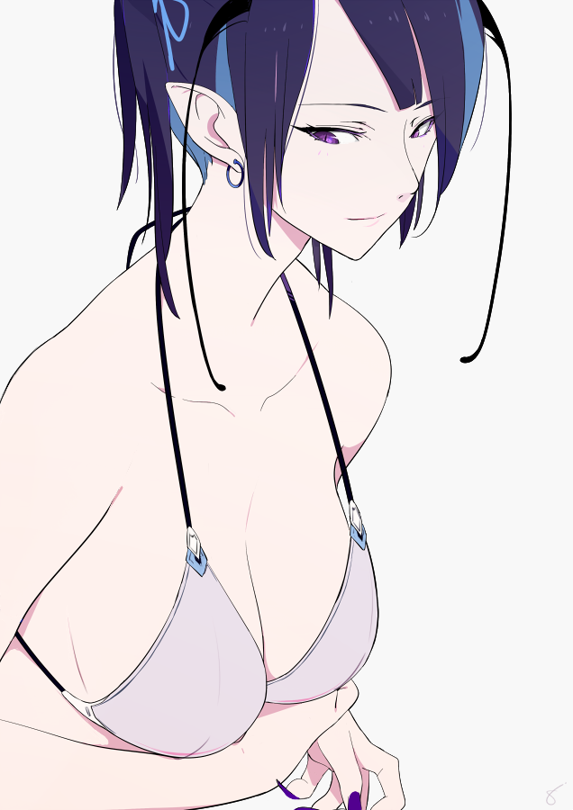 1girl bare_shoulders bikini breasts cleavage collarbone earrings grey_bikini jewelry looking_at_viewer nail_polish original pointy_ears purple_hair purple_nails simple_background smile sohin solo swimsuit violet_eyes white_background