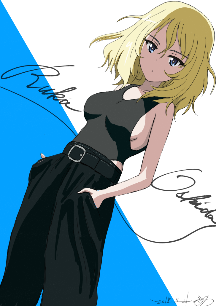 1girl artist_name bangs black_belt black_pants black_shirt blonde_hair blue_background blue_eyes bukkuri character_name commentary cowboy_shot cursive dated girls_und_panzer hands_in_pockets looking_at_viewer medium_hair messy_hair oshida_(girls_und_panzer) pants parted_lips shirt signature solo standing tank_top two-tone_background