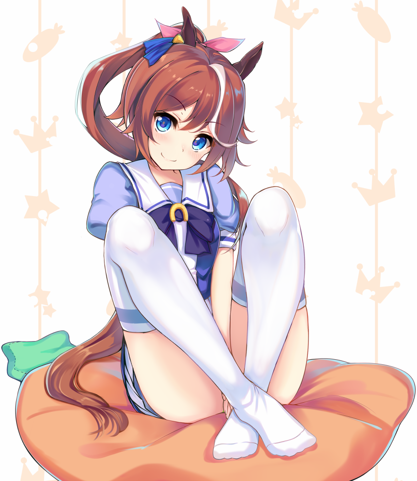 1girl animal_ears bangs between_legs blue_eyes blush bow brown_hair carrot carrot_pillow closed_mouth commentary_request convenient_leg covering_crotch crossed_ankles crown eyebrows_visible_through_hair fingernails fukiaki hair_between_eyes hair_ribbon hand_between_legs high_ponytail horse_ears long_hair multicolored_hair no_shoes pillow pink_ribbon pleated_skirt ponytail puffy_short_sleeves puffy_sleeves purple_bow purple_shirt purple_skirt ribbon shirt short_sleeves sidelocks sitting skirt smile solo star streaked_hair thigh-highs tokai_teio umamusume very_long_hair white_hair white_legwear