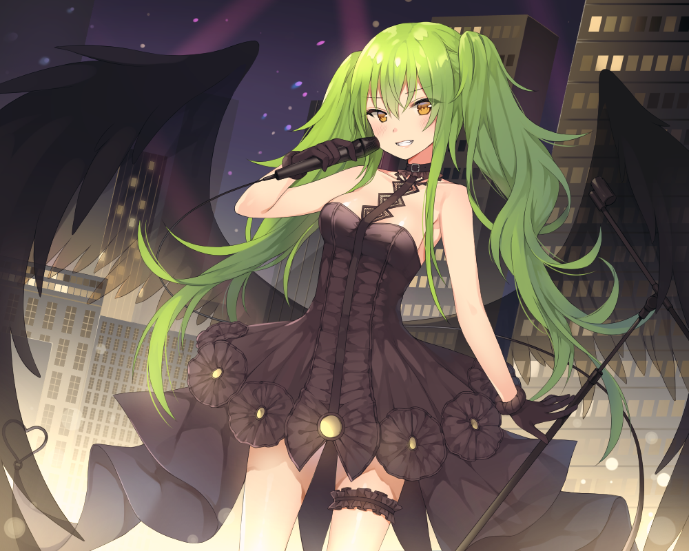 1girl bangs bare_shoulders black_dress black_footwear black_gloves black_legwear blush boots bow_dress breasts canape_(canape0130) cityscape collarbone commentary_request dress eyebrows_visible_through_hair floating_hair girls_frontline gloves green_hair grin hair_between_eyes halter_dress halterneck holding holding_microphone leg_garter long_hair looking_away m950a_(girls_frontline) medium_breasts messy_hair microphone microphone_stand music night parted_lips see-through sidelocks skindentation smile solo standing teeth thighs twintails two_side_up wind wind_lift wings yellow_eyes