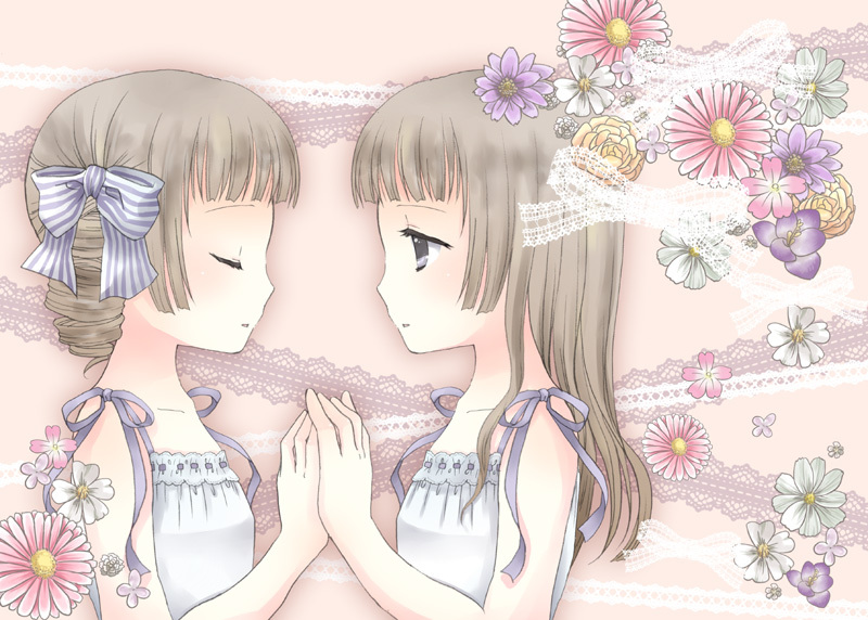 2girls bangs blunt_bangs bow chisa-ko closed_eyes closed_mouth collarbone commentary_request flower from_side hair_bow hand_holding long_hair looking_at_another maria-sama_ga_miteru multiple_girls short_hair striped striped_bow white_bow