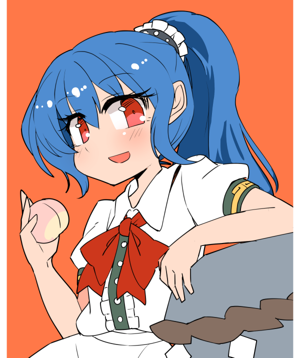 1girl blue_hair bow food fruit hinanawi_tenshi ini_(inunabe00) keystone long_hair looking_at_viewer no_hat no_headwear open_mouth peach ponytail puffy_short_sleeves puffy_sleeves red_bow red_eyes short_sleeves solo touhou