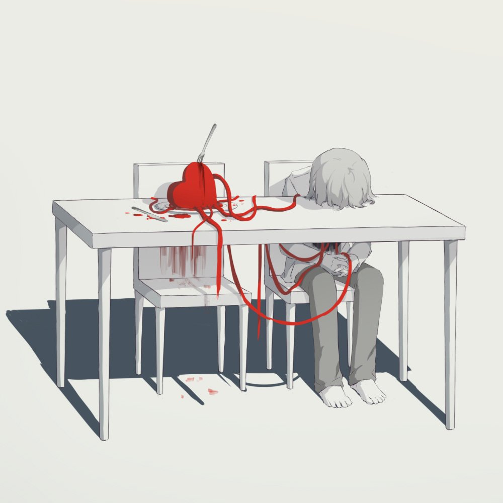 1boy avogado6 blood blood_stain chair commentary fork heart leaning_on_object limited_palette long_pants long_sleeves muted_color original own_hands_together pants short_hair table table_knife veins