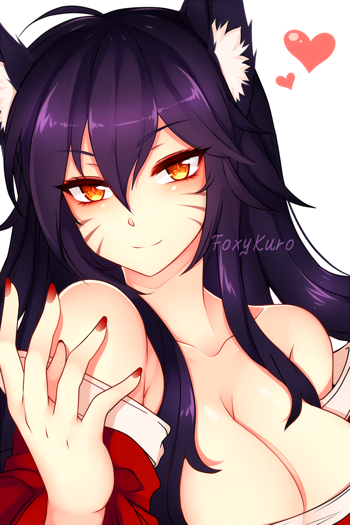 1girl ahri animal_ears bare_shoulders black_hair breasts cleavage collarbone detached_sleeves facial_mark fingernails fox_ears fox_girl heart korean_clothes kuro_kitsune large_breasts league_of_legends long_fingernails long_hair looking_at_viewer simple_background slit_pupils solo whisker_markings white_background yellow_eyes