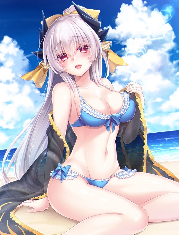 1girl beach bikini blue_bikini blue_sky bow breasts cleavage fate/grand_order fate_(series) hair_bow kiyohime_(fate/grand_order) large_breasts long_hair looking_at_viewer navel ocean open_mouth outdoors pink_eyes sand sanom silver_hair sitting sky smile solo swimsuit water yellow_bow