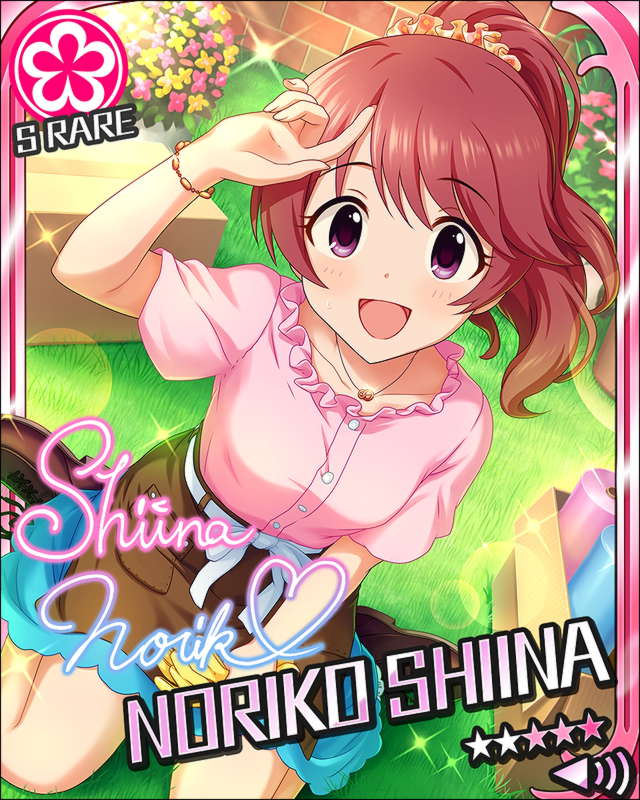 blush brown_hair character_name dress idolmaster idolmaster_cinderella_girls long_hair ponytail shift shiina_noriko smile stars violet_eyes