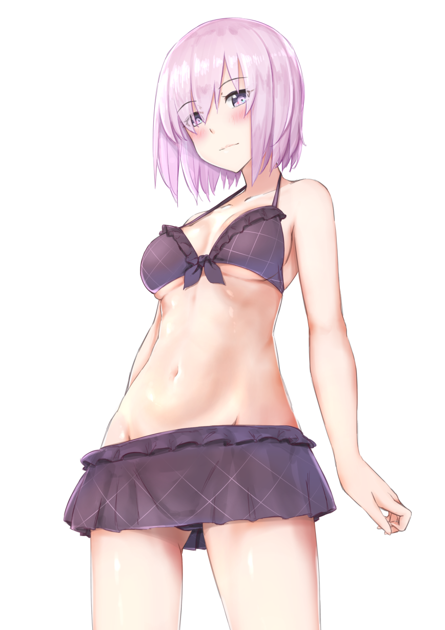 1girl bangs bare_arms bare_shoulders bikini black_bikini blush breasts closed_mouth collarbone commentary_request cowboy_shot eyebrows_visible_through_hair fate/grand_order fate_(series) front-tie_bikini front-tie_top gluteal_fold groin hair_between_eyes highres jilu mash_kyrielight medium_breasts navel pink_eyes pink_hair short_hair simple_background solo swimsuit white_background