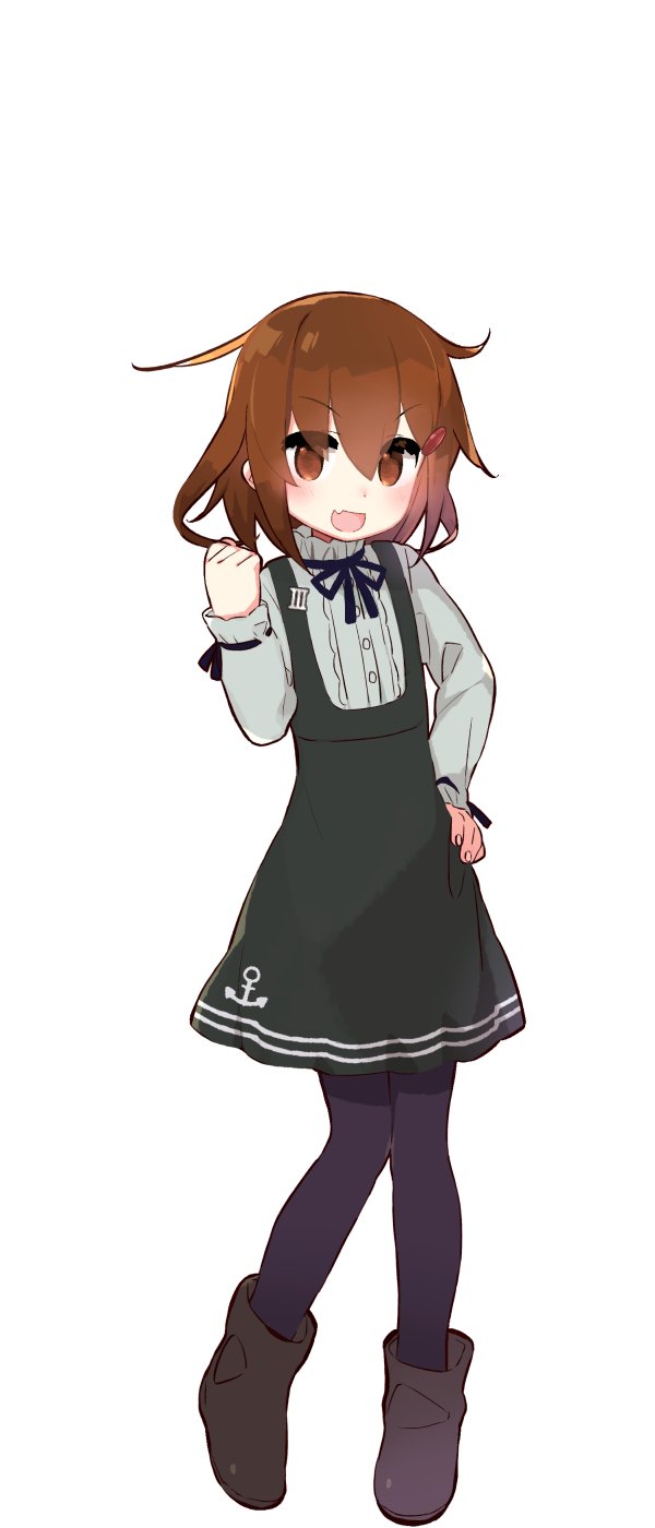 &gt;:d 1girl anchor_symbol black_dress blush brown_eyes brown_hair casual clenched_hand dress eyebrows_visible_through_hair fang full_body hair_ornament hairclip hand_on_hip highres ikazuchi_(kantai_collection) kantai_collection long_sleeves looking_at_viewer pantyhose purple_legwear short_hair simple_background solo standing white_background yoru_nai