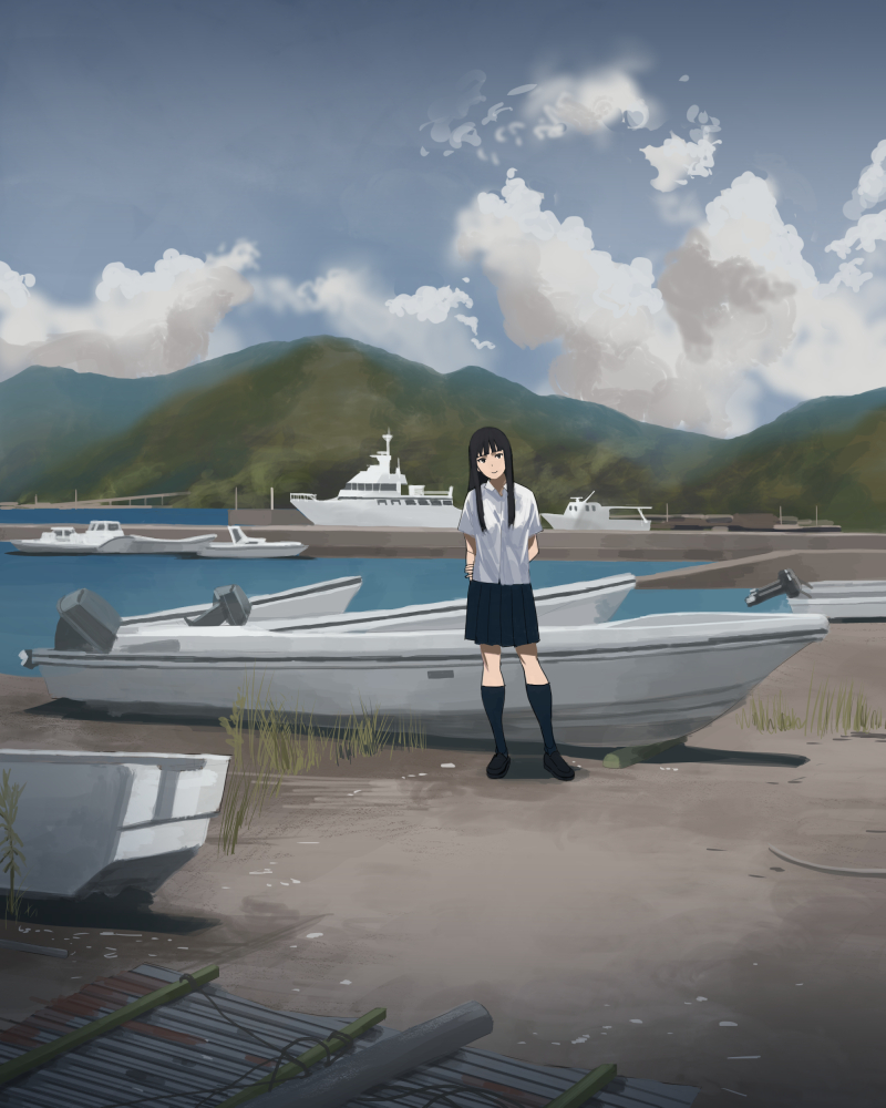 1girl arms_behind_back beach black_eyes black_hair blurry boat bridge clouds commentary depth_of_field grass head_tilt hill kneehighs long_hair looking_at_viewer original scenery school_uniform shiira shirt sky smile solo summer untucked_shirt water watercraft