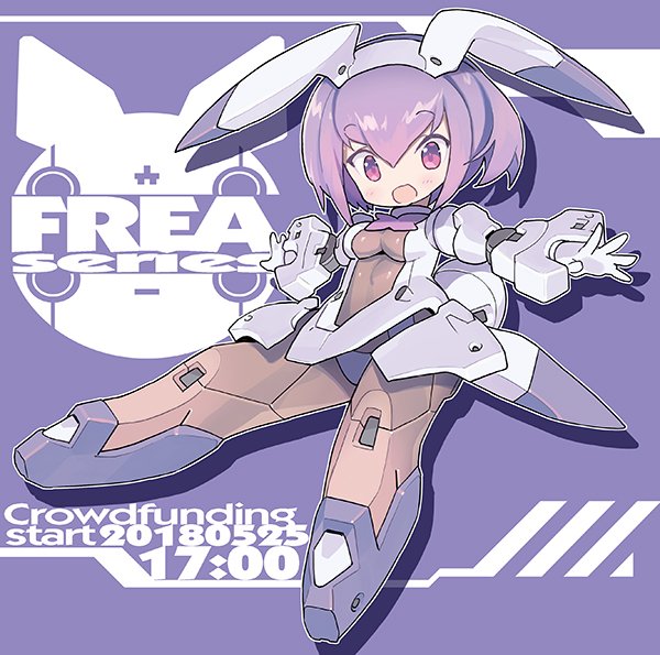 1girl :d bangs blade_(galaxist) blush breasts brown_leotard character_name commentary_request desktop_army eyebrows_visible_through_hair gloves hair_between_eyes head_tilt headgear leotard looking_at_viewer mecha_musume medium_breasts open_mouth outstretched_arms purple_background purple_hair short_hair smile solo spread_arms violet_eyes white_gloves