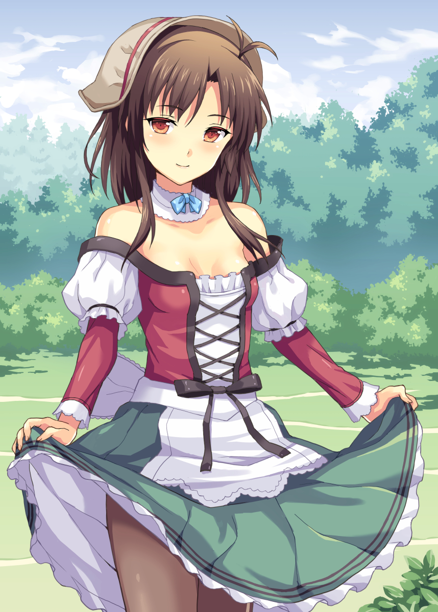 1girl antenna_hair apron bare_shoulders blue_bow blue_sky blush bow breasts brown_eyes brown_hair brown_legwear bush closed_mouth clouds commentary_request day detached_collar dirndl dress german_clothes green_skirt highres long_hair long_sleeves medium_breasts off-shoulder_dress off_shoulder original outdoors pantyhose puffy_short_sleeves puffy_sleeves rasahan short_over_long_sleeves short_sleeves skirt sky smile solo standing waist_apron white_apron white_collar