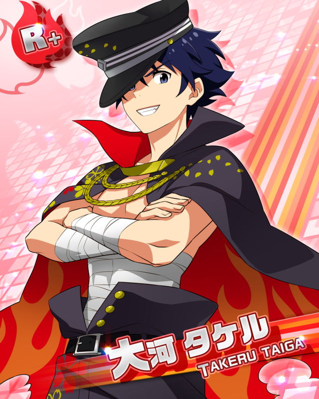 bandage black_hair blue_eyes cap cape character_name idolmaster idolmaster_side-m short_hair smile takeru_taiga