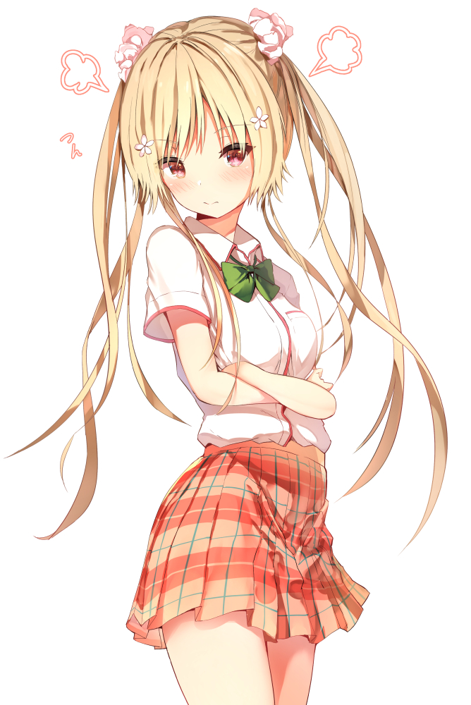 bangs blonde_hair blush bow breasts character_request closed_mouth collared_shirt cowboy_shot crossed_arms eyebrows_visible_through_hair flower green_bow hair_flower hair_ornament kawaikereba_hentai_demo_suki_ni_natte_kuremasu_ka? long_hair looking_at_viewer looking_to_the_side pleated_skirt red_eyes red_skirt school_uniform shirt short_sleeves skirt small_breasts sune_(mugendai) twintails very_long_hair white_flower white_shirt