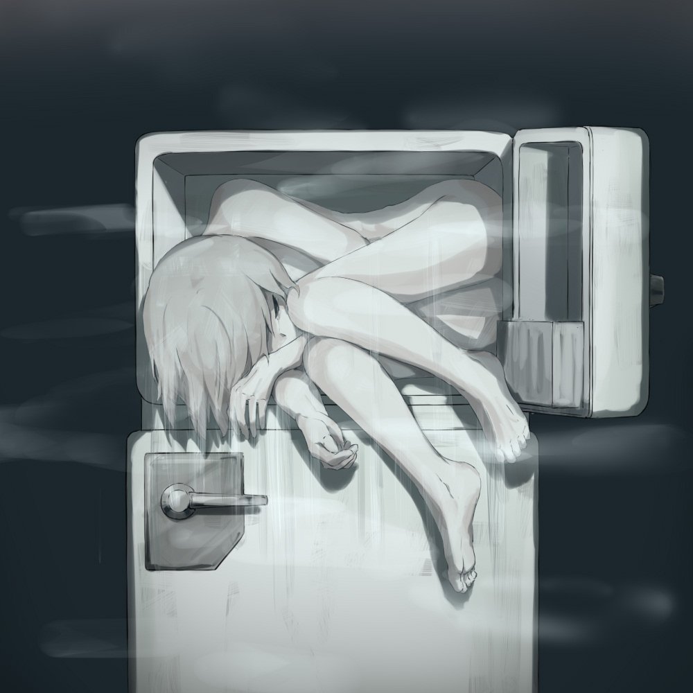 androgynous avogado6 commentary dark_background in_container in_refrigerator nude original pale_skin refrigerator short_hair sleeping tagme visible_air