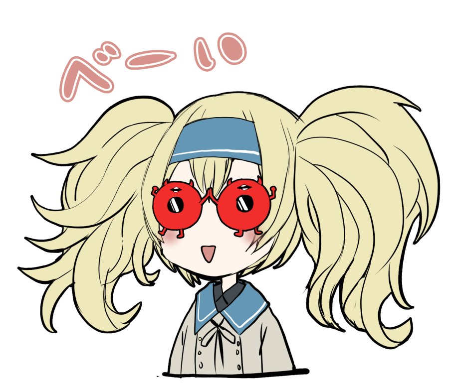 1girl blonde_hair blue_hairband boushi-ya commentary dress enemy_lifebuoy_(kantai_collection) gambier_bay_(kantai_collection) hairband kantai_collection open_mouth sailor_dress simple_background solo sunglasses twintails upper_body white_background