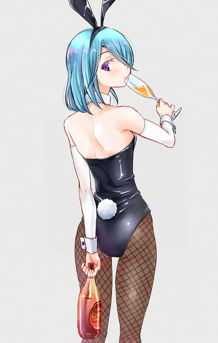 1girl animal_ears ass black_leotard blue_hair bottle brown_legwear bunny_girl bunny_tail bunnysuit champagne_bottle champagne_flute character_request closed_mouth commentary_request cup detached_sleeves drinking_glass fishnet_pantyhose fishnets grey_background holding holding_bottle holding_drinking_glass leotard long_hair long_sleeves looking_at_viewer looking_back okiru pantyhose pripara profile rabbit_ears simple_background solo strapless strapless_leotard tail violet_eyes wrist_cuffs