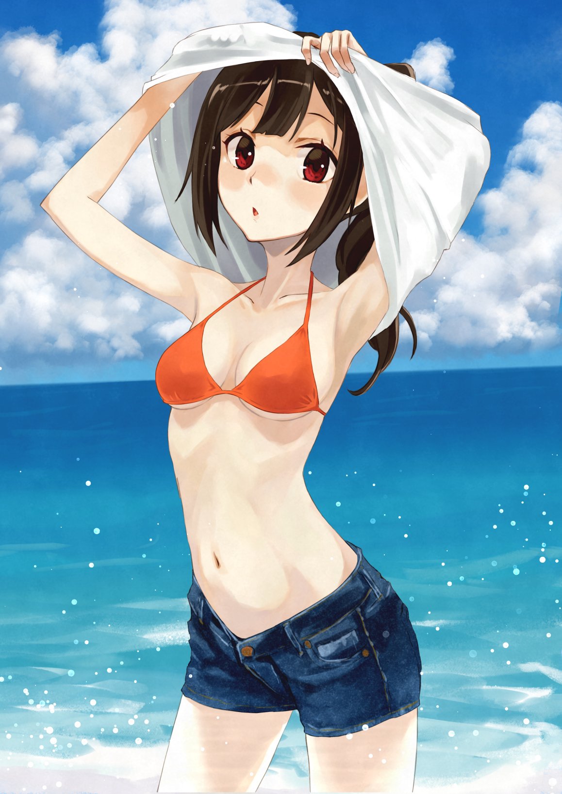 1girl armpits arms_up ashiya_hiro bikini_top breasts brown_hair clouds cloudy_sky cowboy_shot day denim denim_shorts halterneck highres horizon ocean orange_bikini_top original outdoors parted_lips ponytail red_eyes shirt_lift short_shorts shorts sidelocks sky small_breasts solo undressing