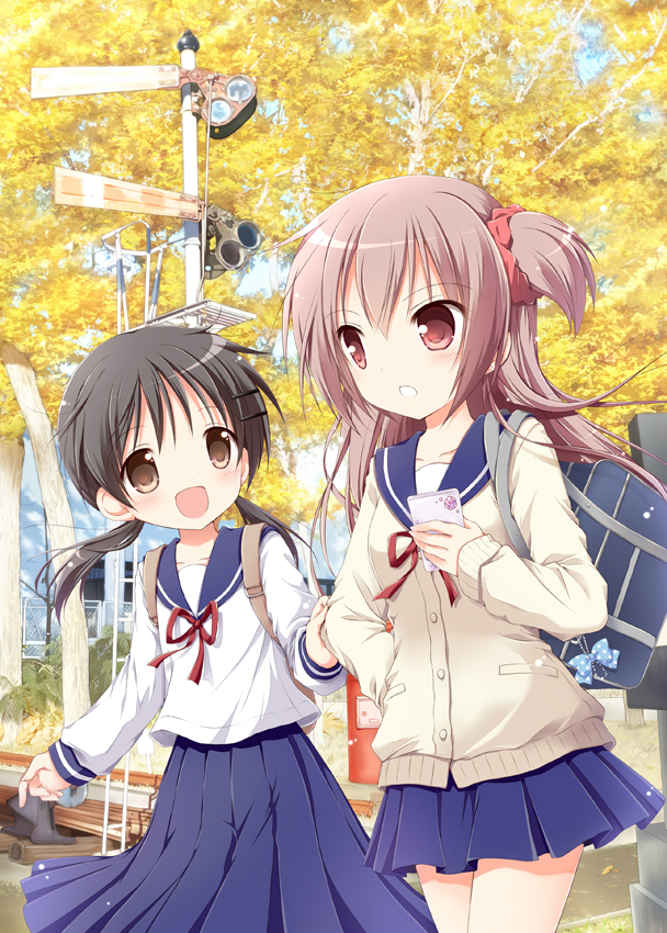 2girls :d autumn autumn_leaves bag black_hair blue_bow blue_skirt blue_sky bow brown_eyes brown_hair cardigan long_hair long_skirt long_sleeves low_twintails miniskirt multiple_girls nanase_miori one_side_up open_mouth original outdoors pink_eyes polka_dot polka_dot_bow red_neckwear red_ribbon red_scrunchie ribbon sailor_collar school_bag school_uniform serafuku short_hair skirt sky smile tree twintails