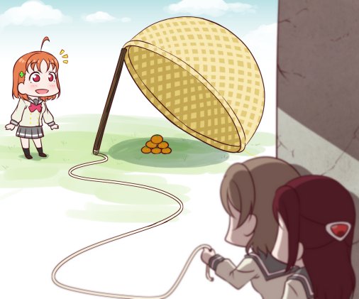 3girls :d ahoge anibache basket blurry_foreground bow bowtie chibi commentary drop_trap english_commentary eyebrows_visible_through_hair food fruit grey_hair grey_skirt hair_ornament hairclip half_updo long_sleeves love_live! love_live!_sunshine!! mandarin_orange multiple_girls notice_lines open_mouth orange_hair outdoors pleated_skirt red_eyes red_neckwear redhead rope sakurauchi_riko school_uniform serafuku short_hair skirt smile standing takami_chika uranohoshi_school_uniform watanabe_you