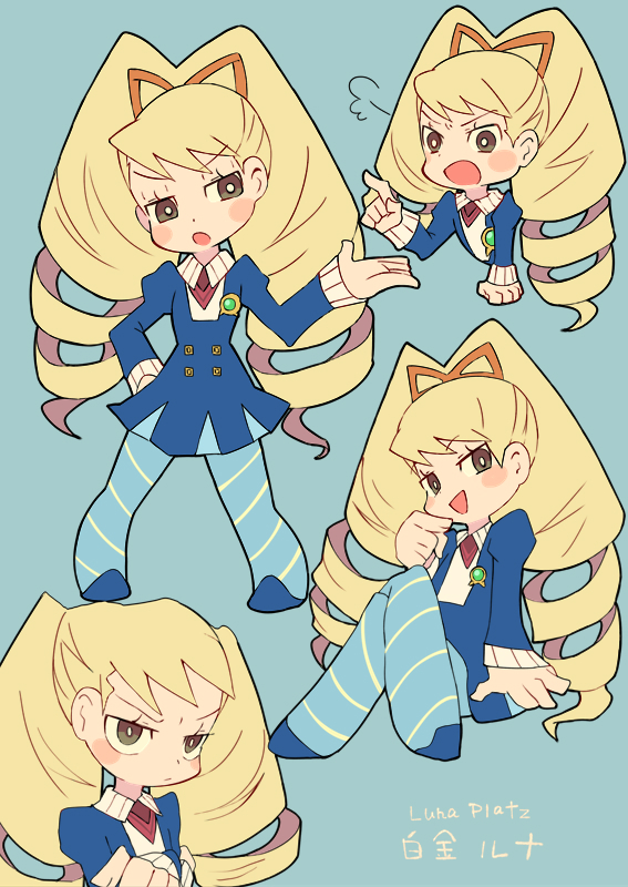1girl :d =3 badge blonde_hair blue_background blue_dress blue_legwear blush bright_pupils brown_eyes character_name crossed_arms dress drill_hair eyebrows eyebrows_visible_through_hair eyelashes hair_ribbon hand_on_hip hand_up head_tilt horizontal-striped_legwear horizontal_stripes index_finger_raised legs_apart long_hair long_sleeves miyata_(lhr) open_mouth orange_ribbon pantyhose puffy_long_sleeves puffy_sleeves ribbon rockman ryuusei_no_rockman shirogane_luna short_dress simple_background sitting sleeves_past_wrists smile solo standing striped striped_legwear twin_drills twintails v-shaped_eyebrows white_pupils