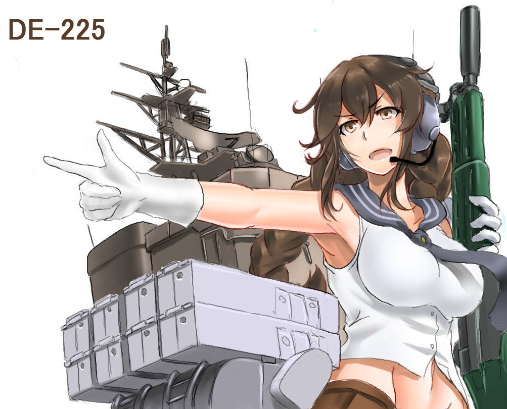 1girl armpits braid breasts brown_eyes brown_hair brown_skirt character_name gloves gun headset kantai_collection large_breasts long_hair midriff navel noshiro_(kantai_collection) open_mouth outstretched_arm pointing saizu_nitou_gunsou school_uniform serafuku skirt sleeveless solo twin_braids weapon weapon_request white_background white_gloves