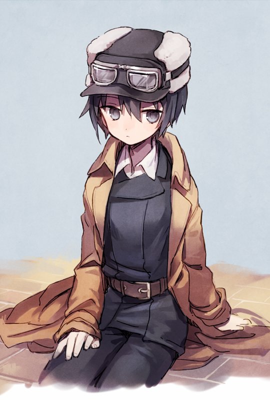 1girl belt black_eyes black_hair black_hat black_jacket black_pants brown_belt brown_coat closed_mouth coat collared_coat collared_shirt commentary eyebrows_visible_through_hair fur_hat goggles goggles_on_headwear grey_background hair_between_eyes hand_on_thigh hat jacket kino kino_no_tabi long_sleeves looking_to_the_side open_clothes open_coat pants shirt short_hair simple_background sitting solo soto white_shirt