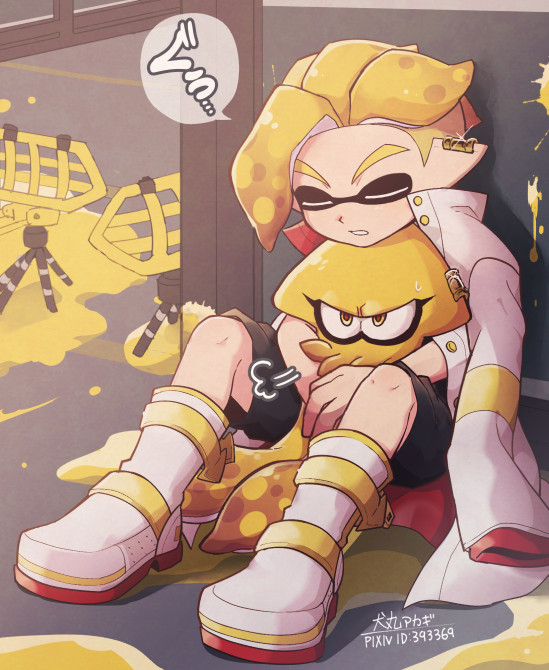 1boy artist_name black_shorts blonde_hair boots closed_eyes coat commentary_request domino_mask earrings emperor_(splatoon) full_body glaring inkling inumaru_akagi jacket_on_shoulders jewelry long_sleeves male_focus mask open_clothes open_coat paint_splatter parted_lips pixiv_id prince_(splatoon) shorts sigh signature sitting sitting_on_lap sitting_on_person sleeping sparkle splatoon splatoon_(manga) squid squid_beakon_(splatoon) sweatdrop white_coat white_footwear