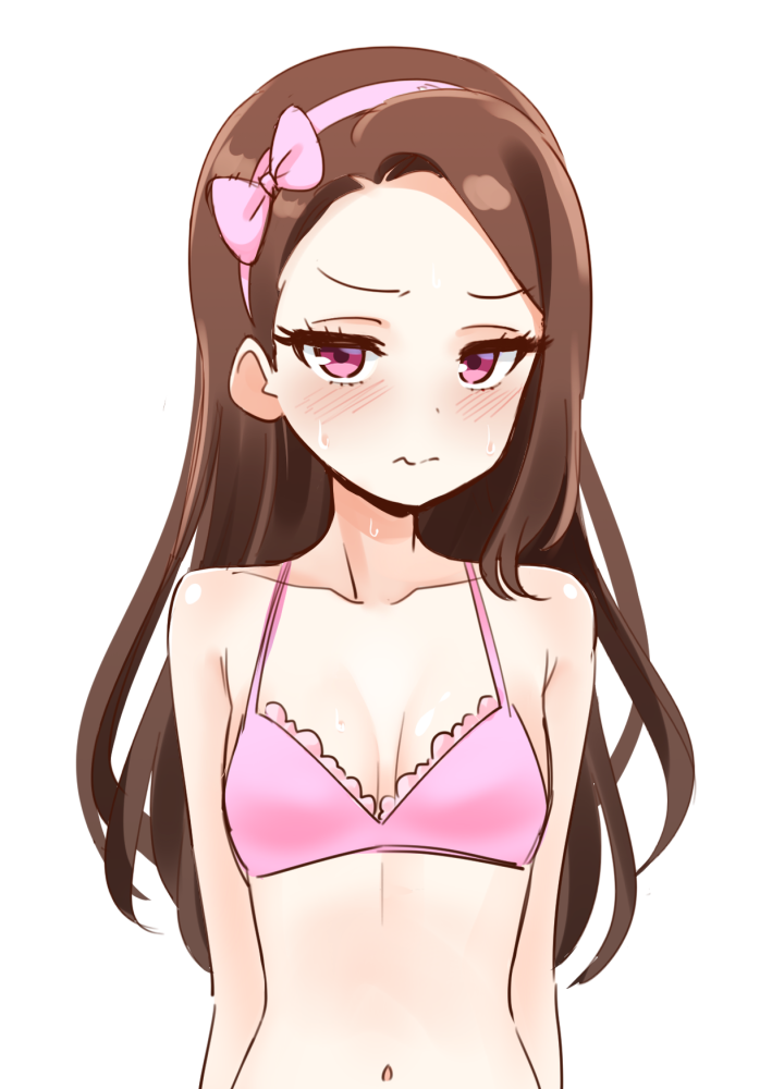 1girl blush bow bra breasts brown_hair cleavage deadnooodles hair_bow hairband idolmaster idolmaster_(classic) long_hair looking_at_viewer minase_iori navel pink_bra red_eyes small_breasts solo sweat underwear wavy_mouth