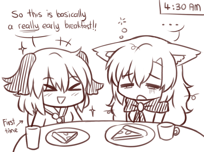 &gt;_&lt; ... 2girls animal_ears ascot brooch cup dog_ears drinking_glass english eyebrows_visible_through_hair food hair_between_eyes imaizumi_kagerou jewelry kasodani_kyouko lineart long_hair messy_hair multiple_girls pizza plate ramadan short_hair simple_background sleepy table time tired touhou triangle_mouth wolf_ears wool_(miwol)