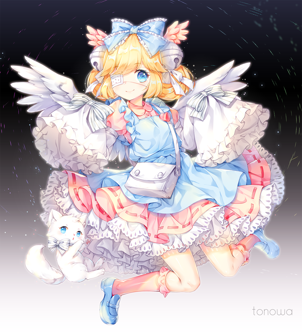 1girl angel_wings bell blonde_hair blue_eyes bow cat commission cutesu_(cutesuu) double_bun dress eyepatch frilled_dress frills hair_bun long_sleeves original short_hair smile tonowa wings