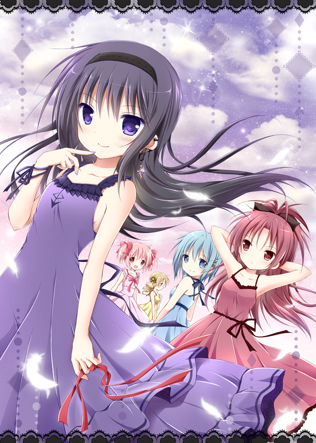 5girls akemi_homura arms_behind_head bare_shoulders black_hair black_hairband blonde_hair blue_dress blue_eyes blue_hair blue_ribbon blush bow dress feathers finger_to_chin gradient gradient_background gradient_sky hair_bow hairband holding holding_ribbon kaname_madoka light_blue_dress light_blue_hair long_hair mahou_shoujo_madoka_magica miki_sayaka multiple_girls nanase_miori neck_ribbon pink_background pink_dress pink_hair pink_sky ponytail purple_background purple_dress purple_ribbon purple_sky red_bow red_dress red_eyes red_ribbon redhead ribbon sakura_kyouko short_hair sky sleeveless sleeveless_dress smile star_(sky) starry_sky tomoe_mami twintails violet_eyes wrist_ribbon yellow_dress yellow_eyes yellow_hairclip