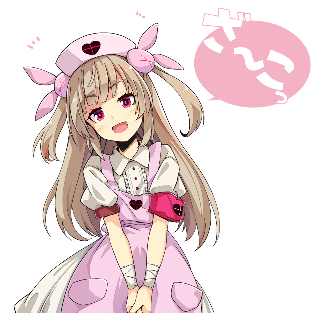 1girl apron collared_shirt hair_ornament hat heart light_brown_hair long_hair looking_at_viewer natori_sana notice_lines nurse_cap ogami_kazuki pink_apron pink_eyes pink_hat puffy_short_sleeves puffy_sleeves sana_channel shirt short_sleeves simple_background solo two_side_up v_arms virtual_youtuber white_background