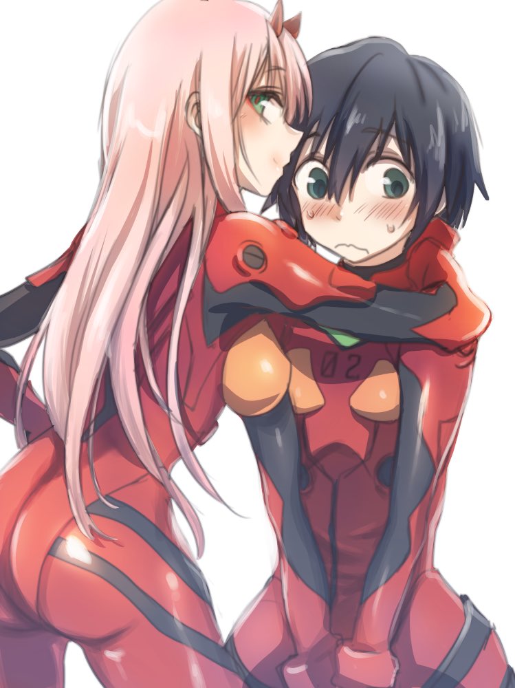1boy 1girl ass bangs black_hair blue_eyes blush bodysuit breasts commentary_request cosplay couple darling_in_the_franxx evangelion:_3.0_you_can_(not)_redo eyebrows_visible_through_hair green_eyes hand_on_another's_neck herozu_(xxhrd) hetero hiro_(darling_in_the_franxx) horns large_breasts long_hair looking_back neon_genesis_evangelion oni_horns pilot_suit pink_hair plugsuit rebuild_of_evangelion red_bodysuit red_horns short_hair souryuu_asuka_langley souryuu_asuka_langley_(cosplay) sweatdrop zero_two_(darling_in_the_franxx)