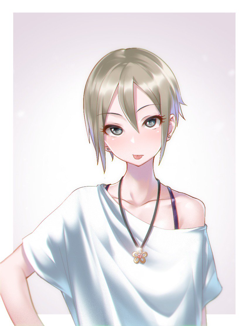 1girl :p bangs bare_shoulders black_eyes collarbone earrings eyebrows_visible_through_hair flower flower_necklace gradient gradient_background grey_hair hair_between_eyes idolmaster idolmaster_cinderella_girls jewelry kakaobataa looking_at_viewer necklace off_shoulder parted_bangs shiomi_shuuko shirt short_hair solo spaghetti_strap stud_earrings tongue tongue_out upper_body white_shirt