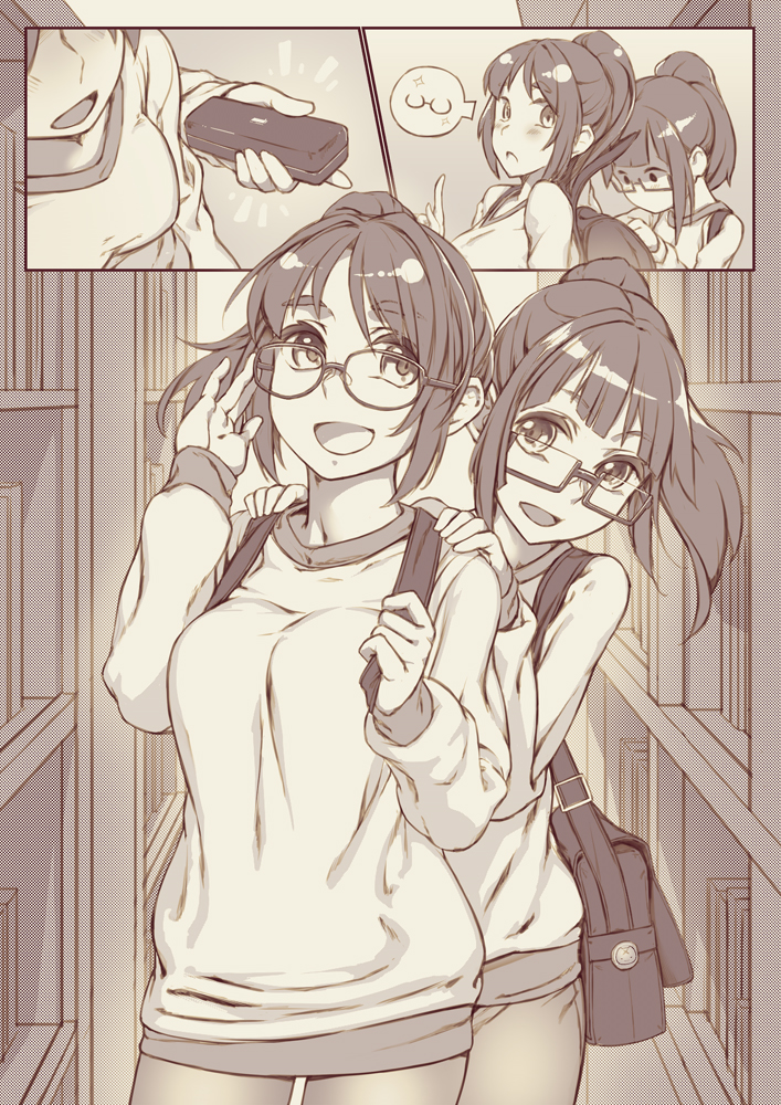 2girls :d adjusting_eyewear backpack bag bangs book bookshelf breasts buckle comic commentary cowboy_shot eyebrows_visible_through_hair glasses hand_up hands_on_another's_shoulders head_tilt high_ponytail holding holding_strap index_finger_raised indoors library long_hair long_sleeves looking_at_another looking_back medium_breasts monochrome multiple_girls open_mouth original pantyhose ponytail rotix school_bag semi-rimless_eyewear shiny shiny_hair shirt shoulder_bag sidelocks silent_comic smile sparkle spoken_object standing
