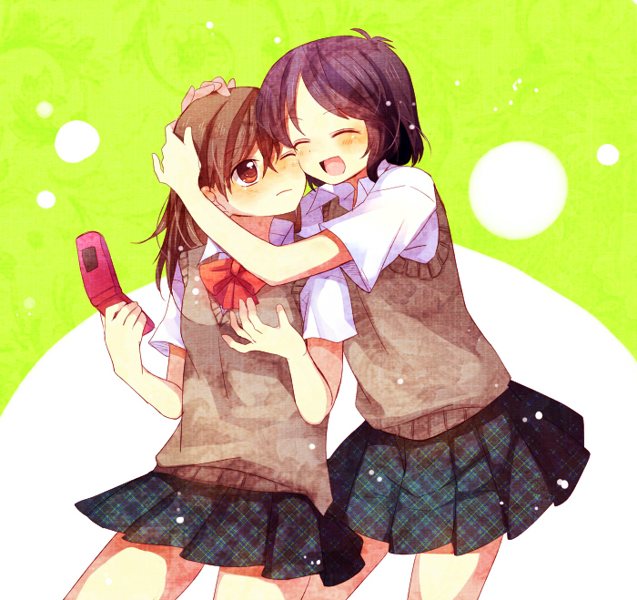 2girls bangs black_hair blush bow brown_eyes brown_hair brown_vest cellphone closed_eyes closed_mouth hachiko_(hati12) hand_on_another's_head happy holding holding_cellphone holding_phone hug looking_at_viewer multiple_girls open_mouth original phone plaid red_bow red_neckwear school_uniform shirt short_hair short_sleeves simple_background skirt smile sweater_vest vest white_shirt yuri