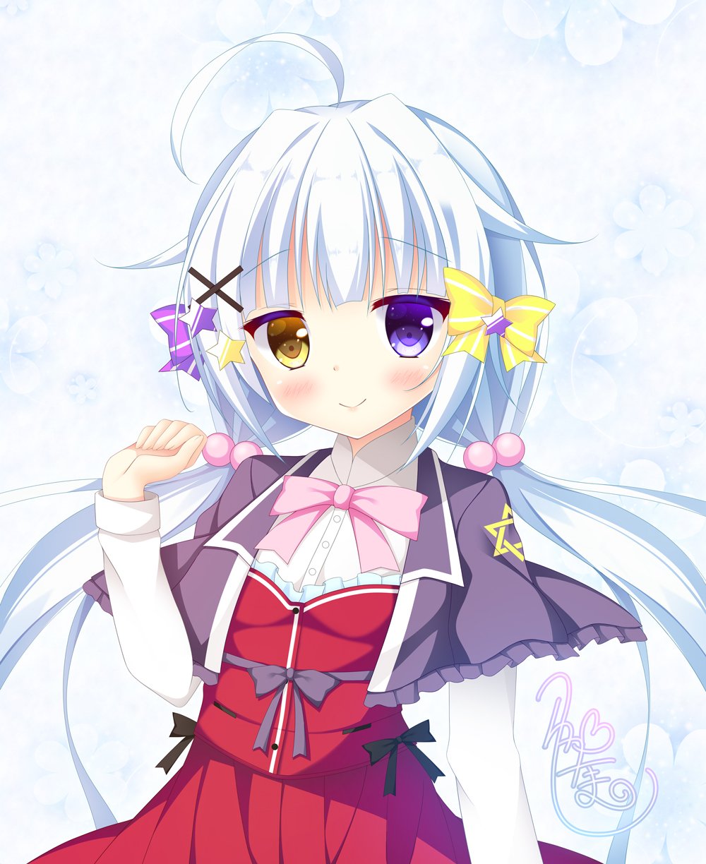 1girl ahoge bangs black_capelet blush bow capelet closed_mouth commentary_request copyright_request dress_shirt eyebrows_visible_through_hair fingernails hair_bobbles hair_bow hair_ornament hand_up heterochromia high-waist_skirt highres long_hair long_sleeves low_twintails pink_bow purple_bow red_skirt shirt signature silver_hair skirt smile solo star star_hair_ornament striped striped_bow twintails very_long_hair violet_eyes white_shirt x_hair_ornament yellow_bow yellow_eyes yukatama