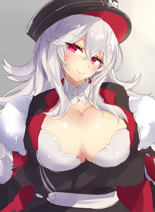 1girl azur_lane bangs black_gloves black_jacket blush breasts cleavage eyebrows_visible_through_hair fur_trim gloves graf_zeppelin_(azur_lane) hair_between_eyes hat jacket large_breasts long_hair looking_at_viewer military military_uniform peaked_cap red_eyes silver_hair smile solo uniform yamaarashi