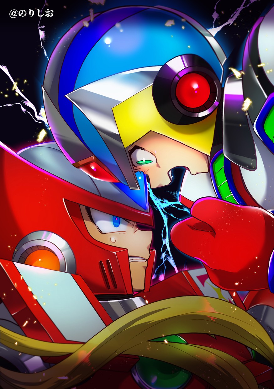 2boys android angry blonde_hair blue_eyes capcom clenched_teeth gloves green_eyes helmet highres long_hair male_focus multiple_boys no-rishio open_mouth power_armor red_gloves rockman rockman_x rockman_x2 serious teeth x_(rockman) zero_(rockman)